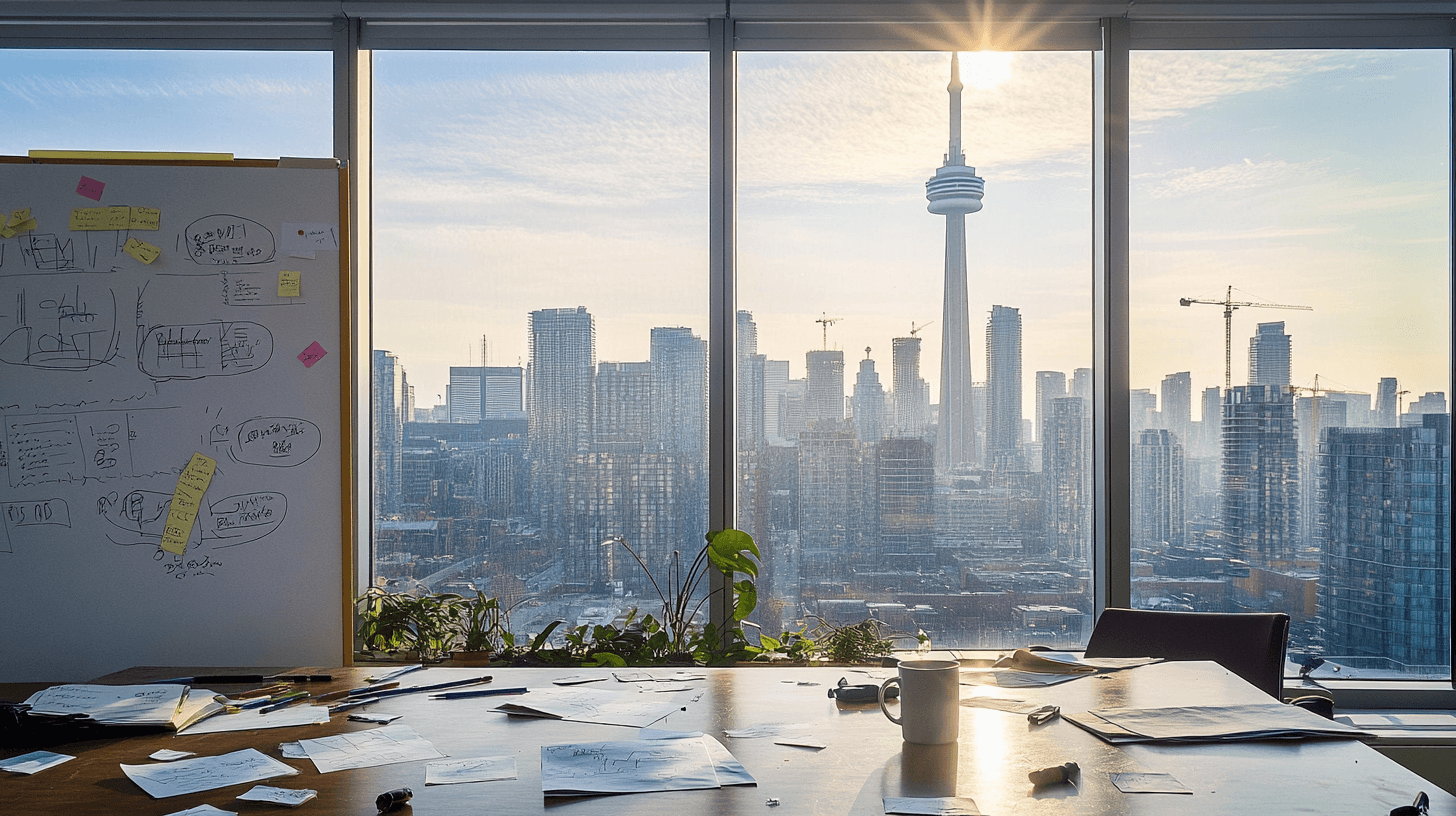 Discovery workshop with whiteboard diagrams and Toronto skyline through floor-to-ceiling windows