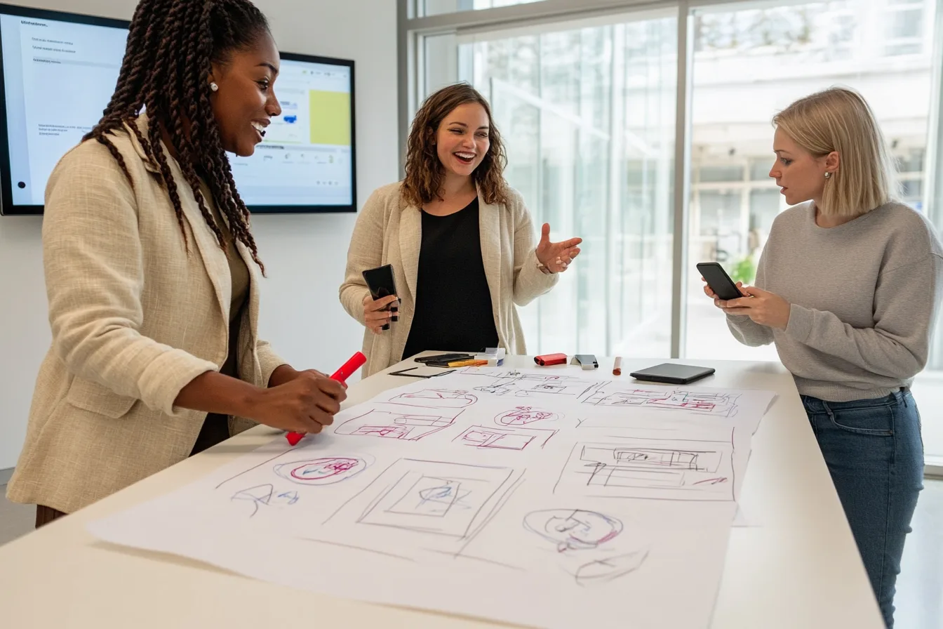 Three professionals prototyping an AI product over hand-drawn wireframe sketches and markers